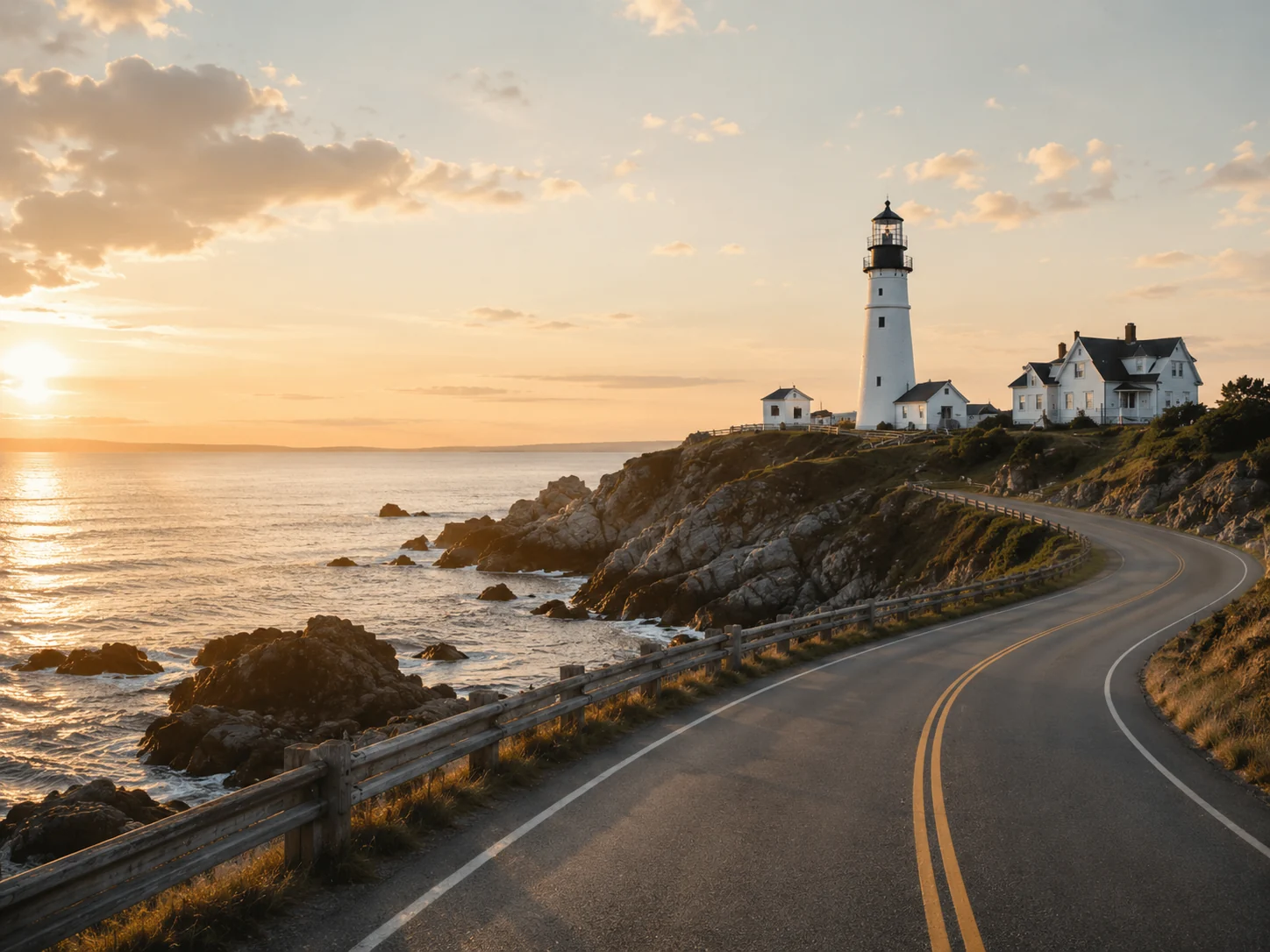 A quiet coastal road curving toward a lighthouse at sunset