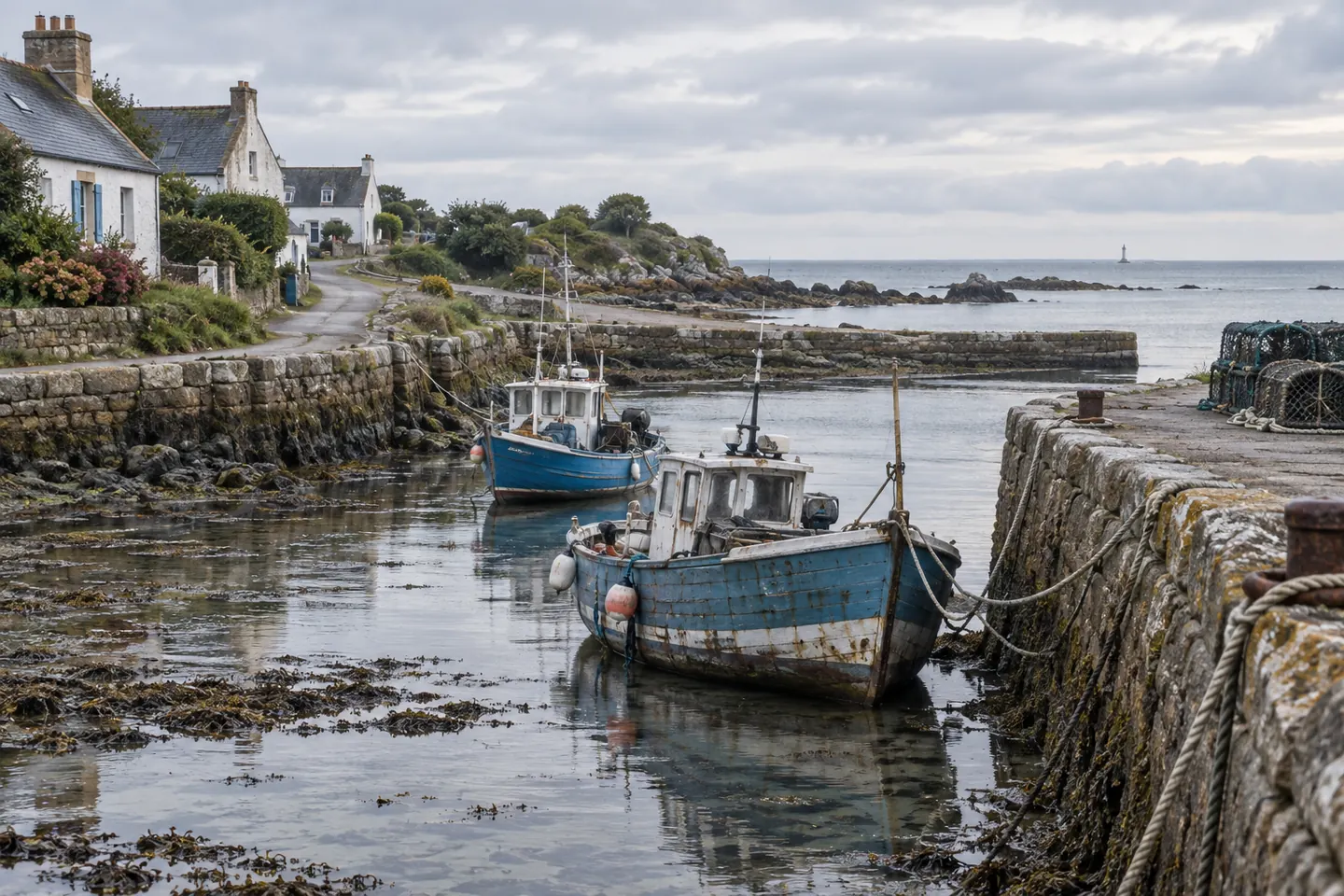 Two weathered blue fishing boats beside a stone quay at low water in Brittany