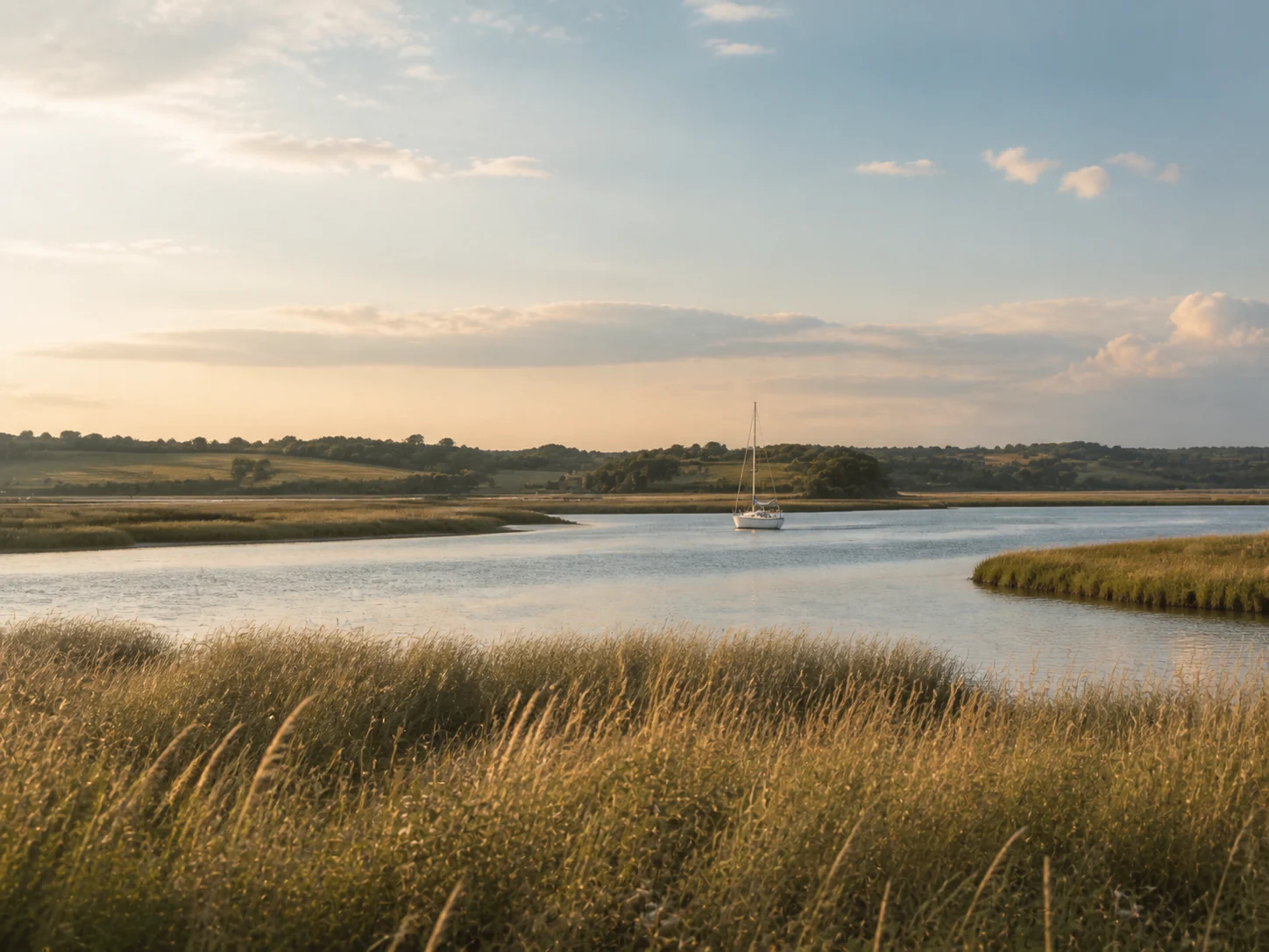 A lone sailboat in a calm grassy estuary